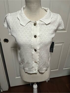 BCX White Short-Sleeve Eyelet Button-Front Knit Top